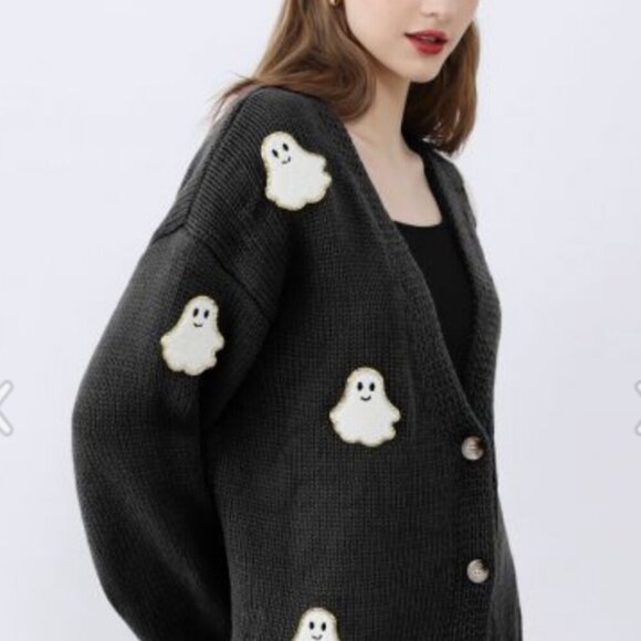 Chicwish Sweaters - Chic Wish Ghost Patch Buttoned Knit Halloween Cardigan Black Women